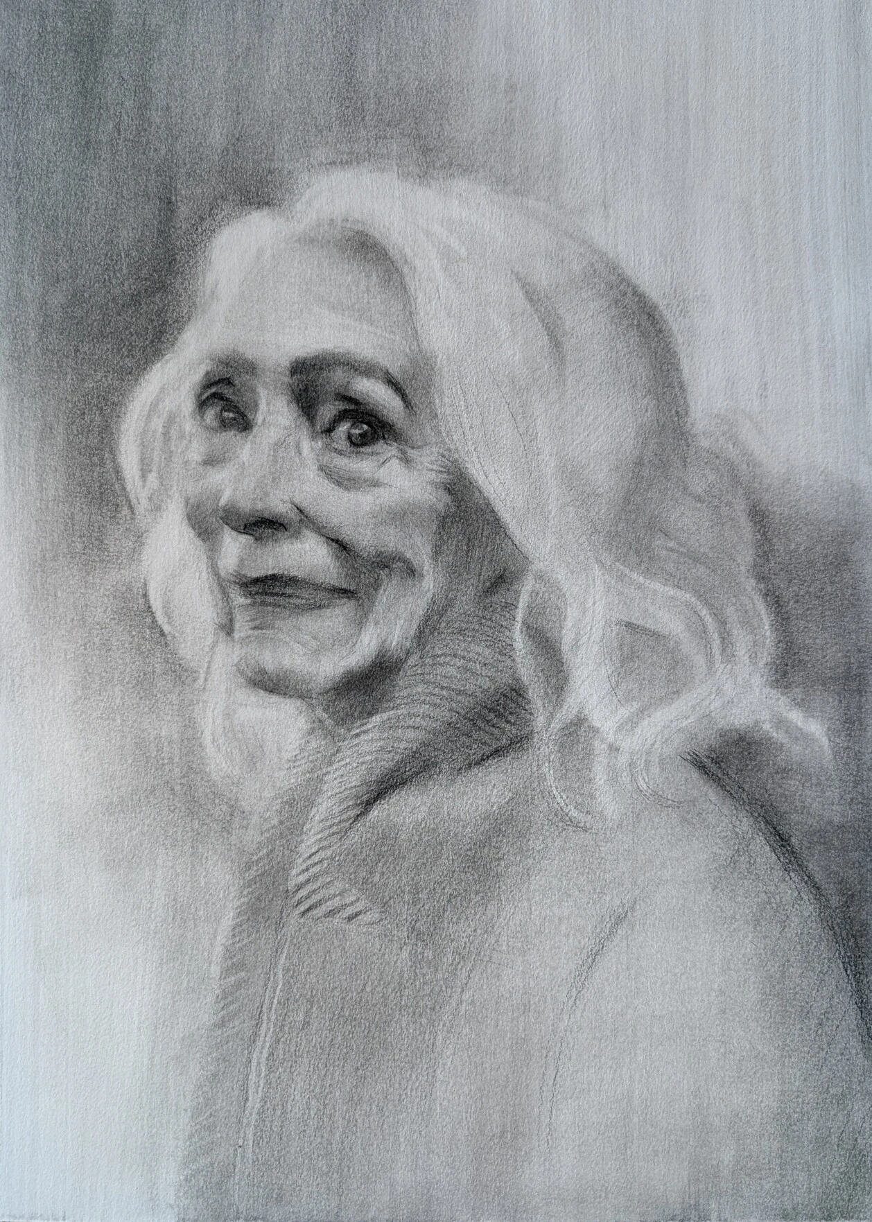 A charcoal drawing of a grey-haired woman