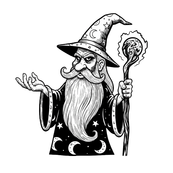 A logo image of wizard holding a staff